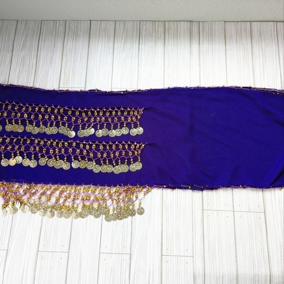 Chiffon Beaded Three Row Coin Festival Belt Scarf Wrap in Purple and Gold - Picture 7 of 14